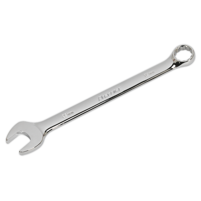 A Sealey Combination Spanner 23mm - CW23 in Chrome Vanadium steel features an open-end on one side and a box-end on the other.