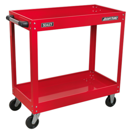 A red, two-shelf Sealey Workshop Trolley 2-Level Heavy-Duty - CX105 with a black handle and four black wheels, perfect for organizing your power tools in the workshop.