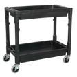The Sealey Trolley 2-Level Composite Heavy-Duty - CX204 is a black, two-shelf garage trolley featuring four swivel castor wheels. Designed for transporting or storing items, this cart is made of impact-resistant plastic and boasts a simple yet functional design perfect for any workspace.