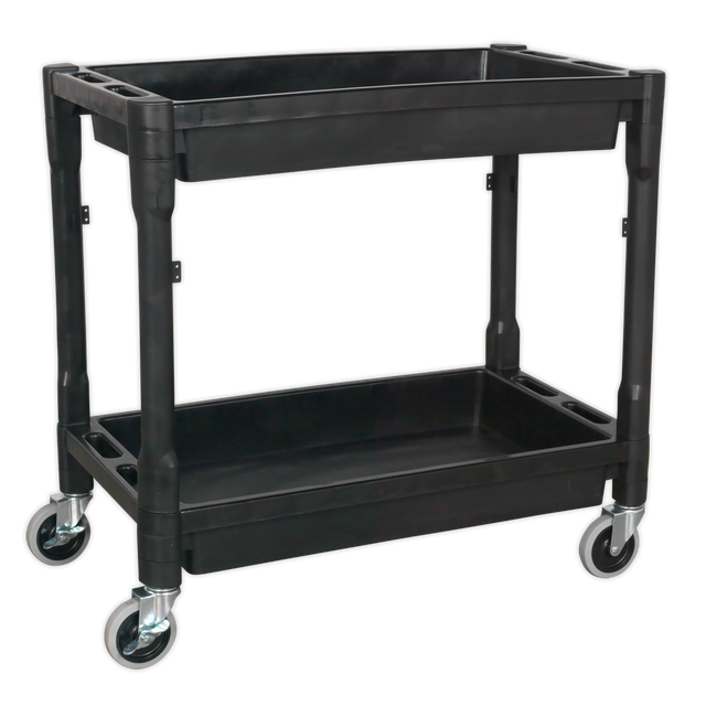 The Sealey Trolley 2-Level Composite Heavy-Duty - CX204 is a black, two-shelf garage trolley featuring four swivel castor wheels. Designed for transporting or storing items, this cart is made of impact-resistant plastic and boasts a simple yet functional design perfect for any workspace.