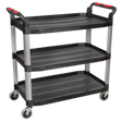The Sealey Workshop Trolley 3-Level Composite - 3 Wall - CX310 features three black shelves, silver supports, and red handles on four large castors, making it an ideal choice as a versatile garage workshop trolley or janitorial trolley.