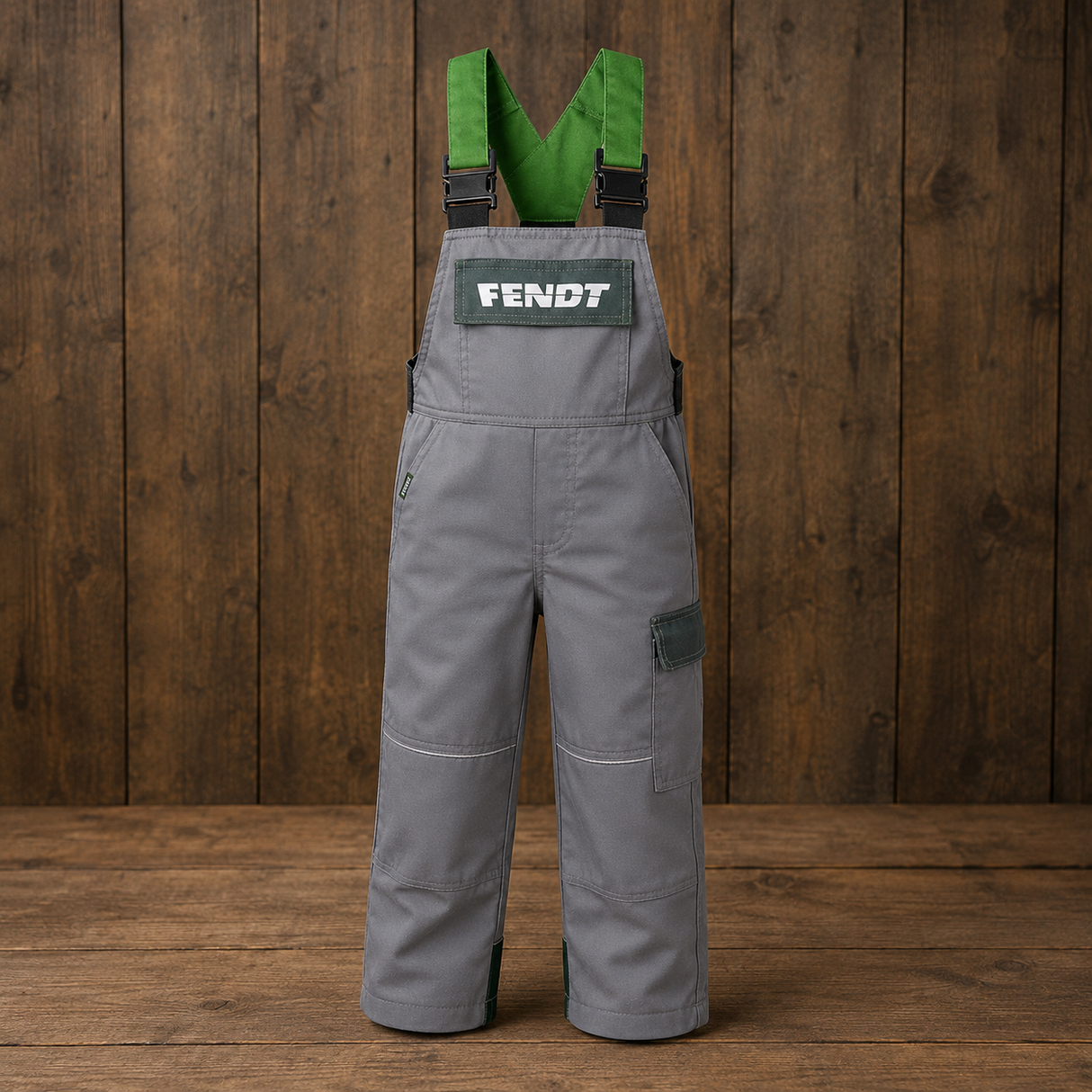 Gray Fendt bib overalls with green suspenders and a green chest patch displaying the FENDT logo, shown against a dark wood plank background.