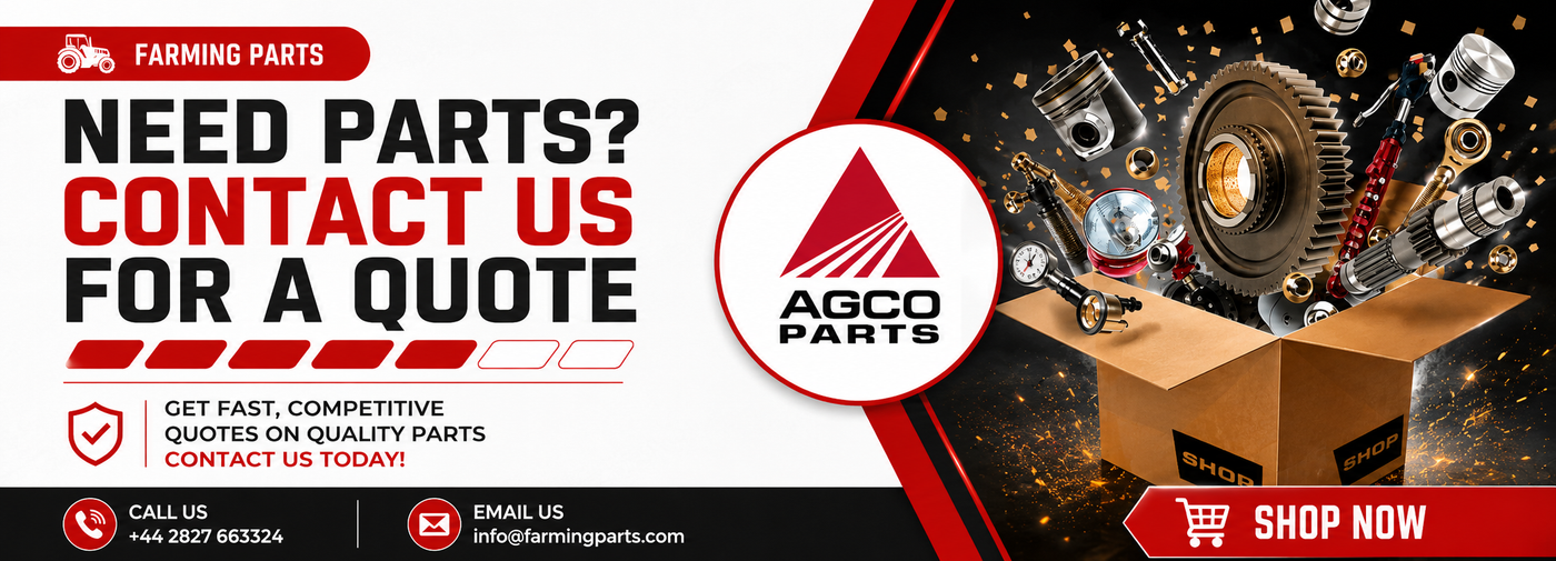 AGCO Parts advertisement with parts on a box and contact information.