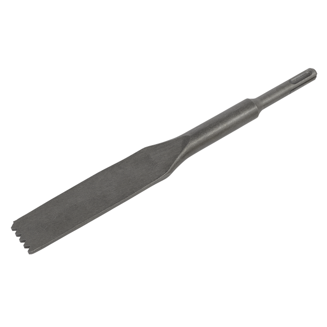 The Sealey Toothed Mortar/Comb Chisel 30 x 250mm - SDS Plus - D1CC is a metal chisel featuring a flat broad blade and notched edge, designed for use with a power tool to remove or shape materials.