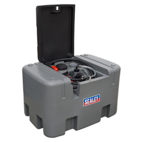 The Sealey Portable Diesel Tank 400L 12V - D400T in grey features an open top revealing internal components, a hose, and a 12V electric pump for efficient diesel fuel transportation.
