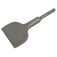 The Sealey Chisel 75 x 165mm Wide - SDS Plus - D75W is a metal chisel tool with a wide, flat blade and a cylindrical handle, tailored for heavy-duty construction or demolition tasks, making it ideal for concrete and masonry work. It is perfectly compatible with SDS Plus Roto-Stop Hammer Drills.