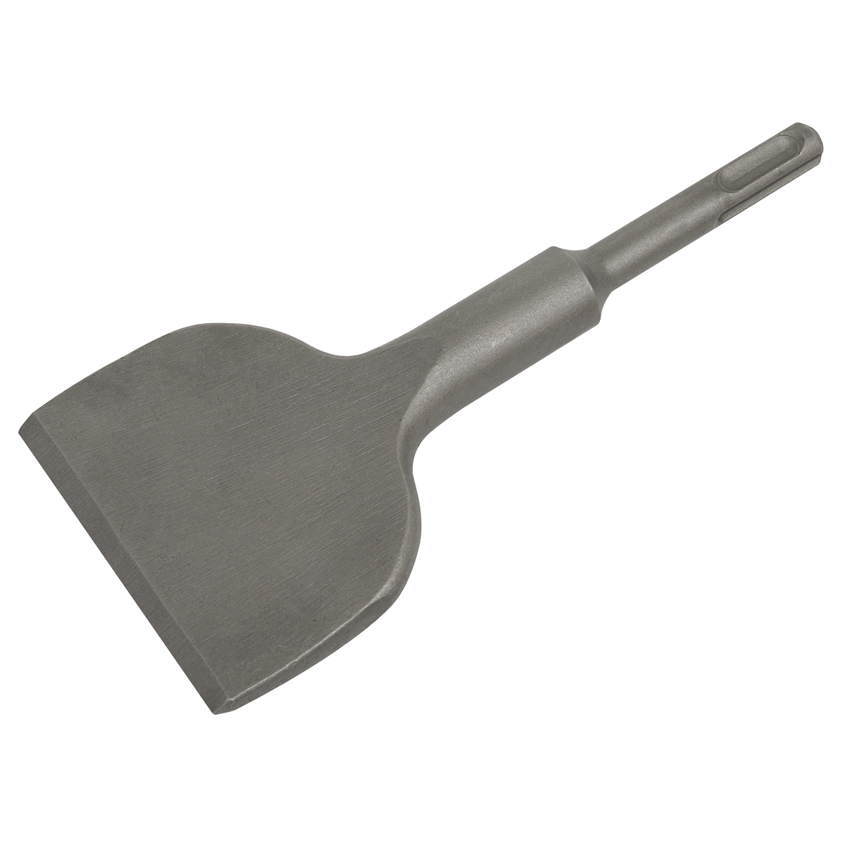The Sealey Chisel 75 x 165mm Wide - SDS Plus - D75W is a metal chisel tool with a wide, flat blade and a cylindrical handle, tailored for heavy-duty construction or demolition tasks, making it ideal for concrete and masonry work. It is perfectly compatible with SDS Plus Roto-Stop Hammer Drills.