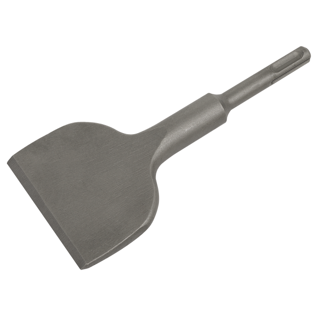 The Sealey Chisel 75 x 165mm Wide - SDS Plus - D75W is a metal chisel tool with a wide, flat blade and a cylindrical handle, tailored for heavy-duty construction or demolition tasks, making it ideal for concrete and masonry work. It is perfectly compatible with SDS Plus Roto-Stop Hammer Drills.