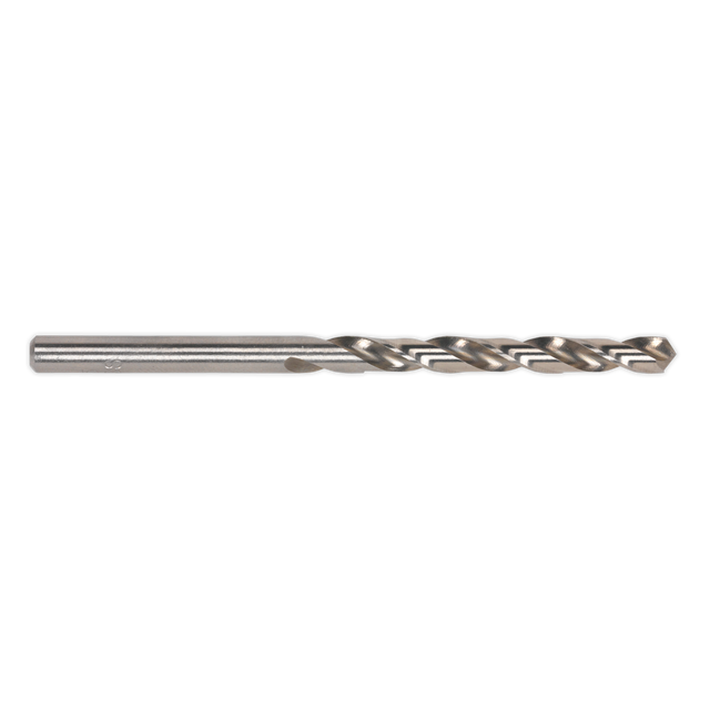 Close-up of a Sealey HSS Fully Ground Drill Bit Ø2mm (DB020FG), featuring a fluted cutting edge, cylindrical body, and a 135° split point, isolated on a white background.