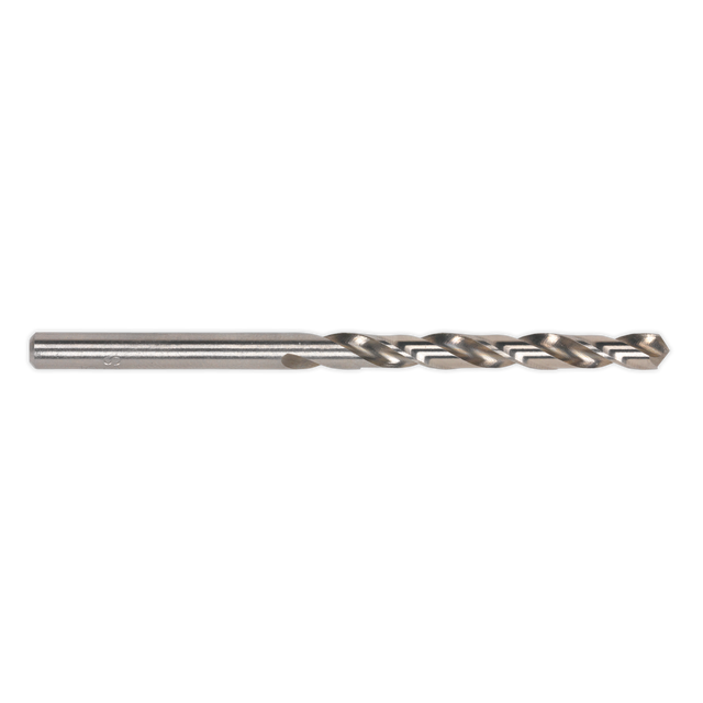 A close-up image of a Sealey HSS Fully Ground Drill Bit Ø4mm (DB040FG) with a 135° split point and twist design, lying horizontally on a white background.