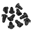 Black plastic hose fittings arranged randomly on a white background, resembling the durable design of the Sealey Plastic Sump Plug - Ford Duratorq (Pack of 10 - DB8127), often found in Ford vehicles. Notably reminiscent of Ford OEM Part Number 1830727.