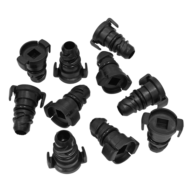 Black plastic hose fittings arranged randomly on a white background, resembling the durable design of the Sealey Plastic Sump Plug - Ford Duratorq (Pack of 10 - DB8127), often found in Ford vehicles. Notably reminiscent of Ford OEM Part Number 1830727.