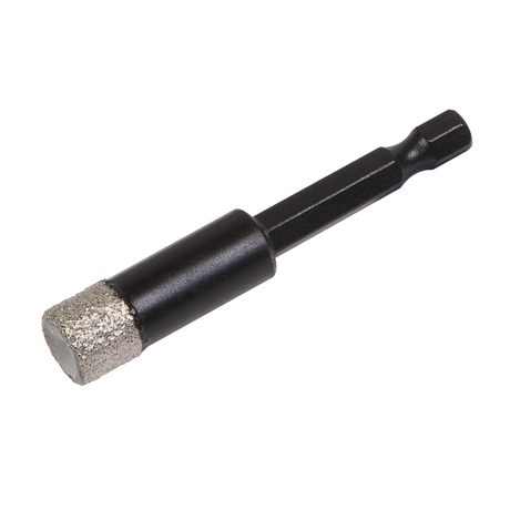The Sealey Diamond Drill Bit Hex Ø12mm - DBD12H features a vacuum brazed diamond drill bit with a hex shank and a silver cutting tip, specifically designed for drilling through hard materials such as porcelain tiles.