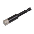 The Sealey Diamond Drill Bit Hex Ø12mm - DBD12H features a vacuum brazed diamond drill bit with a hex shank and a silver cutting tip, specifically designed for drilling through hard materials such as porcelain tiles.