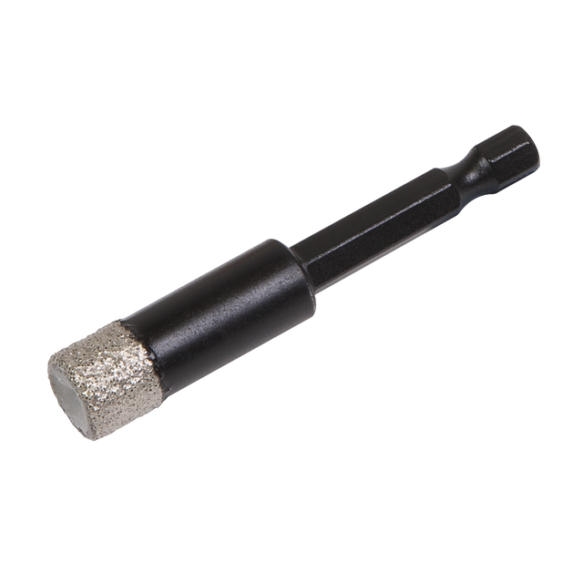 The Sealey Diamond Drill Bit Hex Ø12mm - DBD12H features a vacuum brazed diamond drill bit with a hex shank and a silver cutting tip, specifically designed for drilling through hard materials such as porcelain tiles.