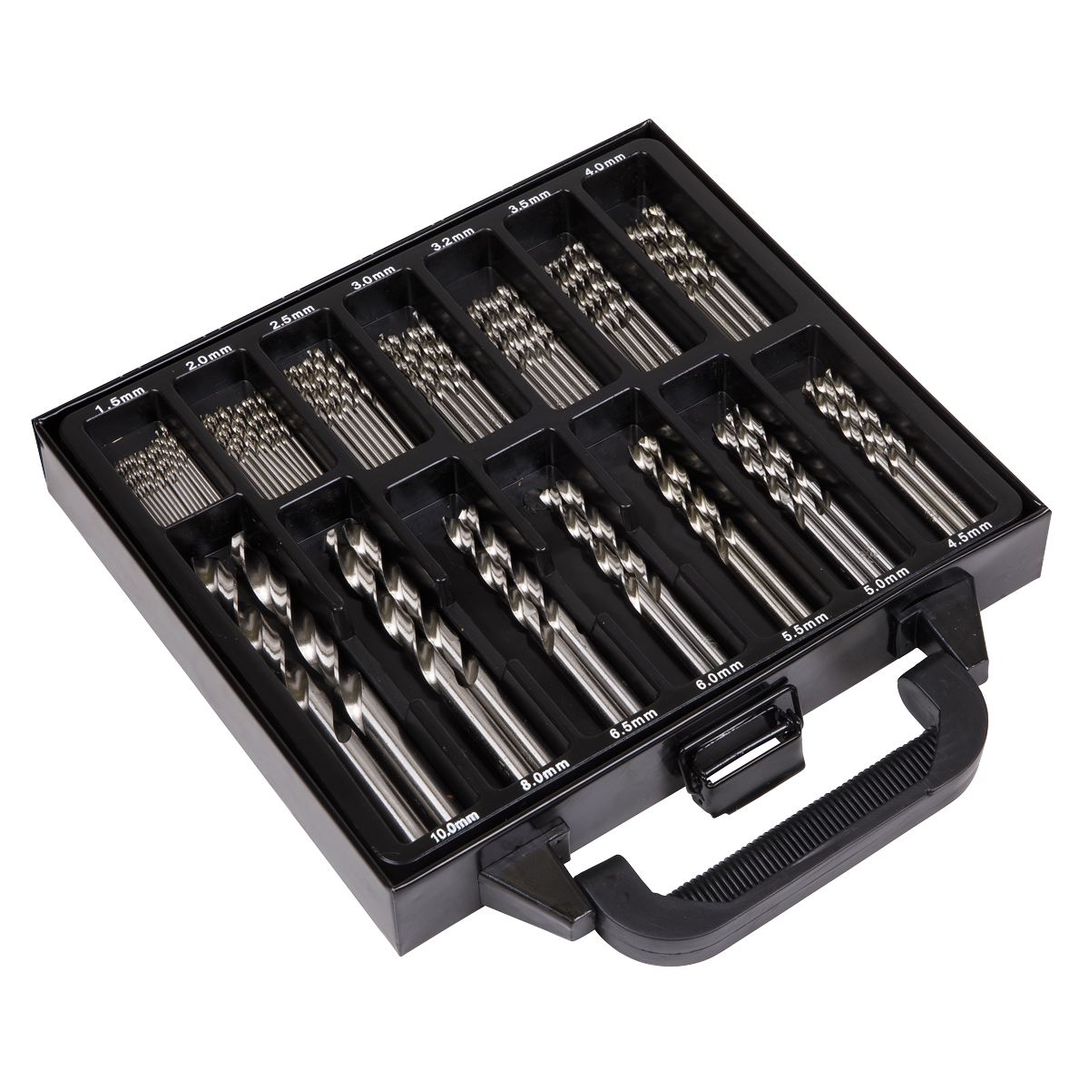 The Sealey Drill Bit Set Fully Ground 99pc (DBS99FG) is encased in a robust black plastic case and includes various sizes of 135° split point HSS drill bits, all neatly organized in rows labeled with measurements from 1.5 mm to 10 mm.