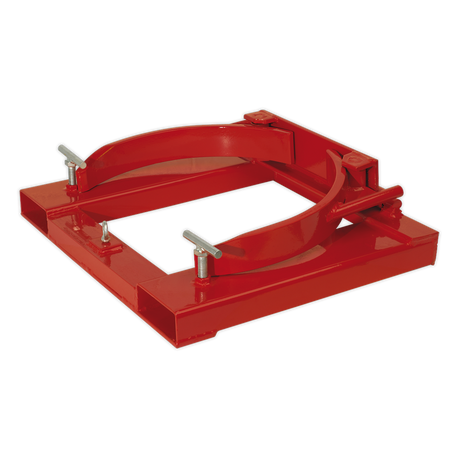 The Sealey Forklift Drum Clamp Single 205L - DG02 is a red metal industrial frame made from heavy-duty steel, featuring adjustable clamps and handles, designed specifically for holding and securing cylindrical objects.