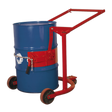 A blue industrial 205L drum on the Sealey Mobile Drum Handler 205L - DH02, a red and black dolly designed for moving heavy barrels. The dolly features heavy-duty wheels along with a chain and clamp mechanism for securing the drum.
