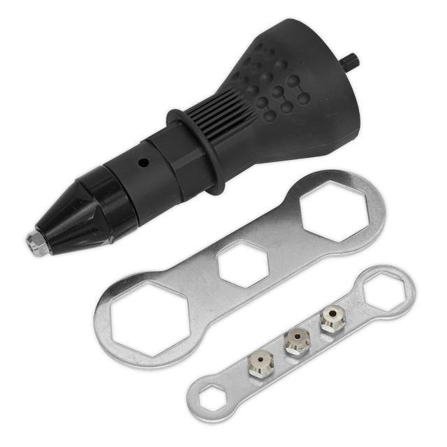The Sealey Riveter Adaptor Drill Powered - DRA01 is a black plastic tool with a conical tip, accompanied by two flat wrenches and three small metal fittings, perfect for use with pop rivets.