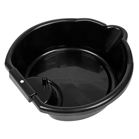 The Sealey Oil Drain Pan 4.5L - DRP00, made from durable black plastic, features a built-in handle and spout, making it perfect for an efficient oil change or draining oil filters.