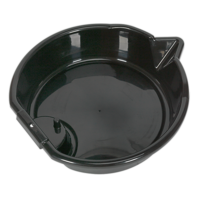 The Sealey Oil/Fluid Drain Pan 8L - DRP01 is a black plastic oil drain pan made from high-density polyethylene, featuring a spout and a handle designed for collecting and transporting used oil efficiently.