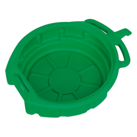 The Sealey Antifreeze/Fluid Drain Pan 17L - DRP04 is a green plastic container with a round base and two handles on opposite sides, designed for oil recovery.