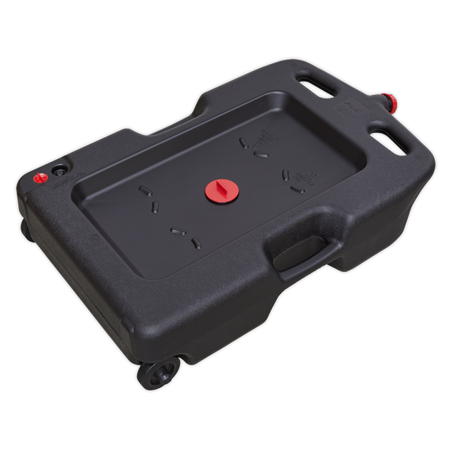 The Sealey Oil/Fluid Drain & Recycling Container 54L - Wheeled - DRP09 is a heavy-duty black plastic oil drainer that comes with a red screw cap and built-in handles. Featuring wheels for easy mobility, it also offers convenient oil filter drain positions for efficient waste oil collection.