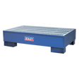A Sealey Barrel Bund 1340 x 800 x 335mm - DRP10 metal containment drum pallet with a grid top and raised sides, designed for holding large containers, ensuring compliance with oil storage regulations.