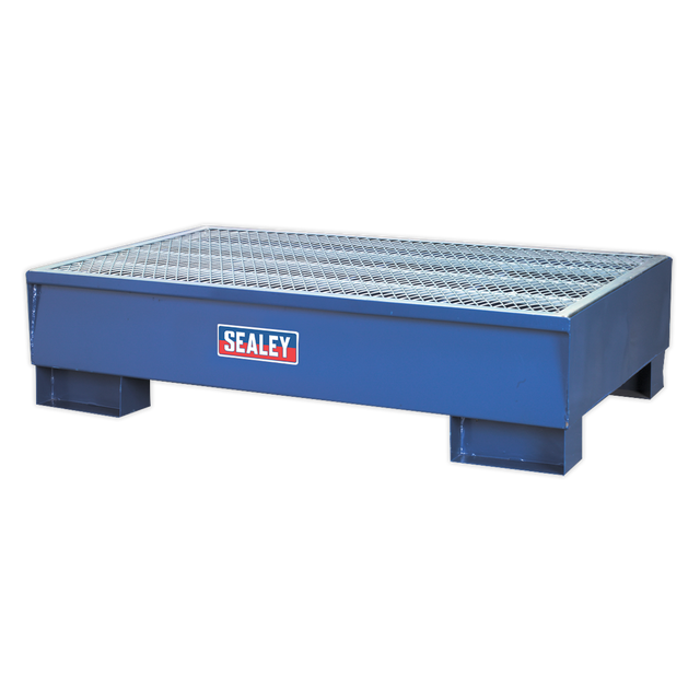 A Sealey Barrel Bund 1340 x 800 x 335mm - DRP10 metal containment drum pallet with a grid top and raised sides, designed for holding large containers, ensuring compliance with oil storage regulations.