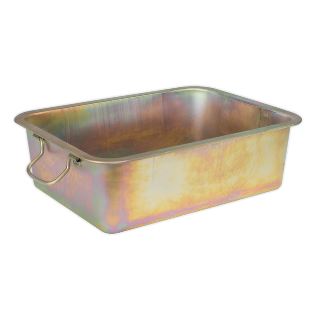 A rectangular zinc-plated Metal Drain Pan 20L - DRPM4 by Sealey, featuring handles on each side and a slightly iridescent finish.