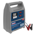The Sealey Battery Charger 8A 6/12V 230V - DSBC8 includes a handle, gauge, ammeter, high and low settings, and attached red and black clamps. It features overheating protection to ensure safe operation.