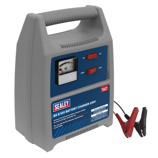 The Sealey Battery Charger 8A 6/12V 230V - DSBC8 includes a handle, gauge, ammeter, high and low settings, and attached red and black clamps. It features overheating protection to ensure safe operation.