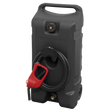The Sealey Mobile Dispensing Tank 53L Gravity Fed - DT53 is a black portable fuel container made from high-density polyethylene. It features a handle, a red manual dispensing nozzle, and a hose coiled around the front.