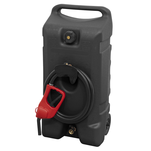 The Sealey Mobile Dispensing Tank 53L Gravity Fed - DT53 is a black portable fuel container made from high-density polyethylene. It features a handle, a red manual dispensing nozzle, and a hose coiled around the front.