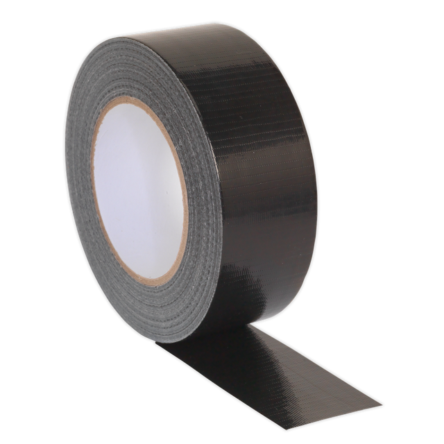 A roll of Sealey Duct Tape 48mm x 50m Black - DTB with a slightly unwound end lies against a white background, showcasing its black gloss finish.