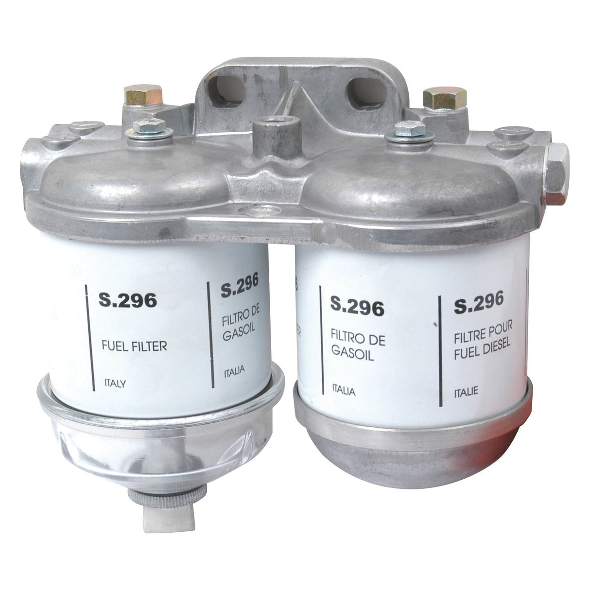 Image of a dual diesel fuel filter assembly labeled "Sparex Part No. S.150364" with text in English, Spanish, and French. The Dual Filter Assembly by Sparex features two cylindrical CAV type filters mounted together with metal connectors, making it ideal for tractor filter assemblies.