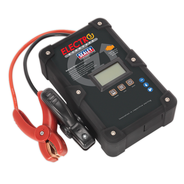 A black Sealey ElectroStart® Batteryless Power Start 800A 12V - E/START800, featuring a small digital display, buttons, and red and black clamps, with innovative patented technology.