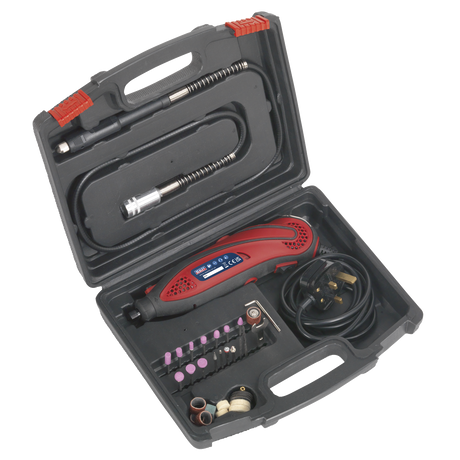 A black carrying case from Sealey, featuring the Multipurpose Rotary Tool & Engraver Kit with 40 pieces, 230V (model E540). It includes a high-speed power tool with variable speed control, along with a red rotary tool, various attachments and accessories, and a power cord.