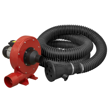 The Sealey Exhaust Fume Extraction System 230V - 370W - Single Duct - EFS101, featuring a red industrial blower, black hose, and connected nozzle, is perfect for smaller garages.