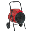 The Sealey Industrial Fan Heater 15kW 415V 3ph - EH15001 is a portable red electric fan heater on wheels, featuring a black protective grill and a handle for easy transportation, making it ideal for industrial applications. It also boasts an adjustable thermostat control for precise temperature regulation.