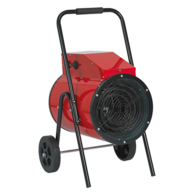 The Sealey Industrial Fan Heater 15kW 415V 3ph - EH15001 is a portable red electric fan heater on wheels, featuring a black protective grill and a handle for easy transportation, making it ideal for industrial applications. It also boasts an adjustable thermostat control for precise temperature regulation.
