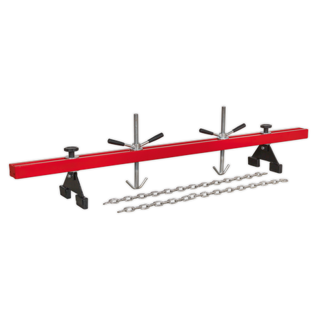Sealey's Engine Support Beam 500kg Capacity Double Support (ES502) features adjustable brackets and chains, making it ideal for suspending and stabilizing engines during maintenance positioning or aiding in gearbox removal in automotive work.