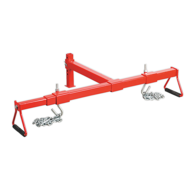 Red metal engine support beam, branded as Sealey's ES600, designed for lifting and transporting up to 600kg with two hooks and featuring a height-adjustable foot for enhanced versatility.