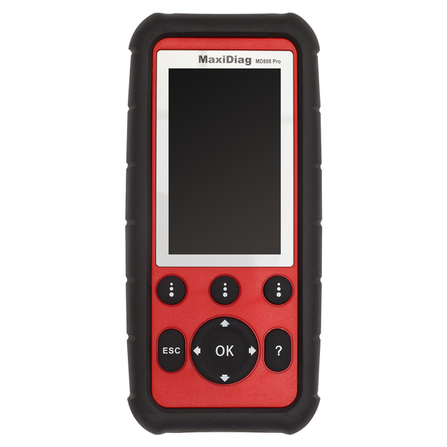 A diagnostic tool titled "Autel MOT Pro II® - Multi-Manufacturer Diagnostic Tool - EU908PRO" from Sealey, featuring a red body with a black border, a screen, and multiple buttons including ESC, OK, and directional arrows. This advanced device offers extensive manufacturer coverage for comprehensive diagnostics similar to the MaxiDiag MD808 Pro.