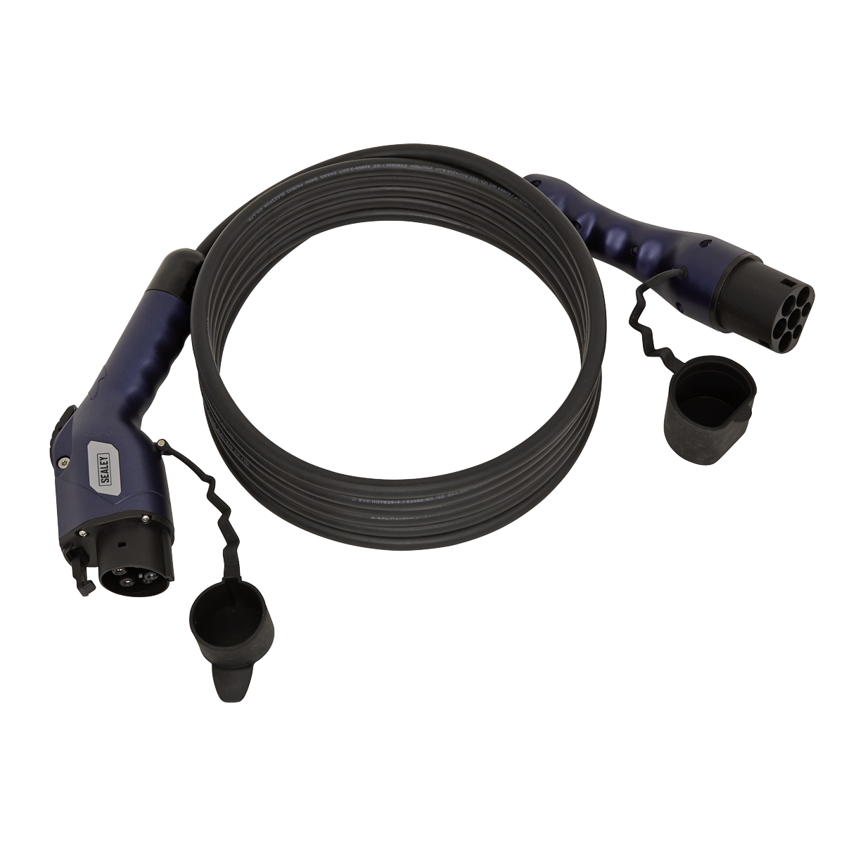 The Sealey EV Charging Cable Type 1 to Type 2 16A 5m - EVCC1216 is a coiled cable with an IP54 rating, protective caps for the plugs, connectors on both ends, and it supports a current of up to 16A.