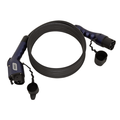 The Sealey EV Charging Cable Type 1 to Type 2 16A 5m - EVCC1216 is a coiled cable with an IP54 rating, protective caps for the plugs, connectors on both ends, and it supports a current of up to 16A.