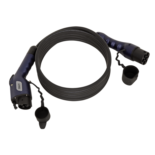 The Sealey EV Charging Cable Type 1 to Type 2 16A 5m - EVCC1216 is a coiled cable with an IP54 rating, protective caps for the plugs, connectors on both ends, and it supports a current of up to 16A.