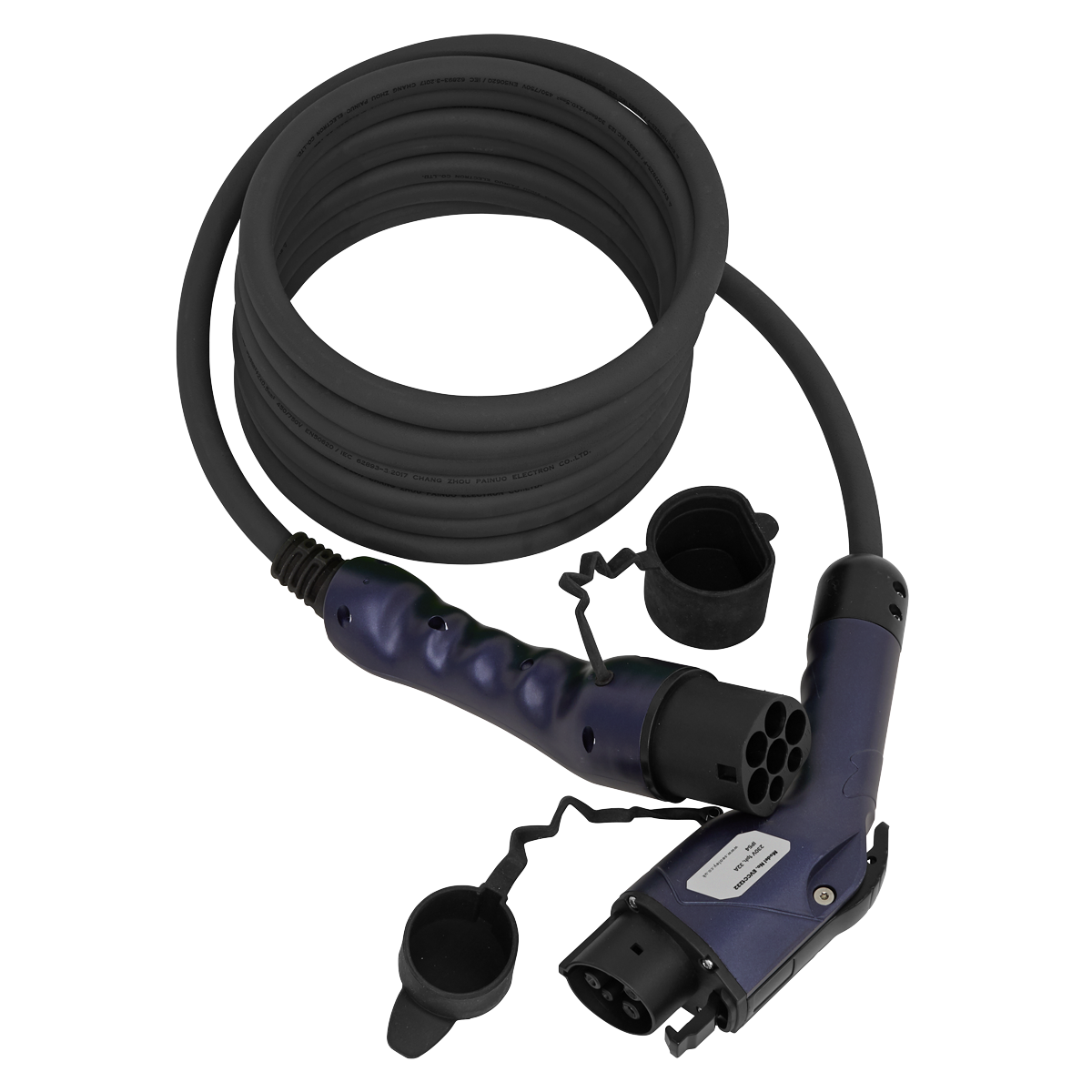The Sealey EV Charging Cable Type 1 to Type 2 32A 5m - EVCC1232, featuring connectors, protective caps, and a neat coil design, is perfect for your electric vehicle needs. This Mode-3 charging cable ensures safe and efficient charging every time.