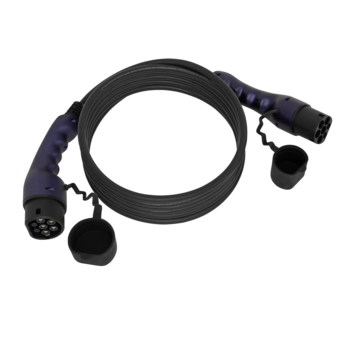 The Sealey EV Charging Cable Type 2 to Type 2 16A (EVCC2216) is a coiled, black cable measuring 5 meters, featuring two 16A connectors at each end protected by removable caps.