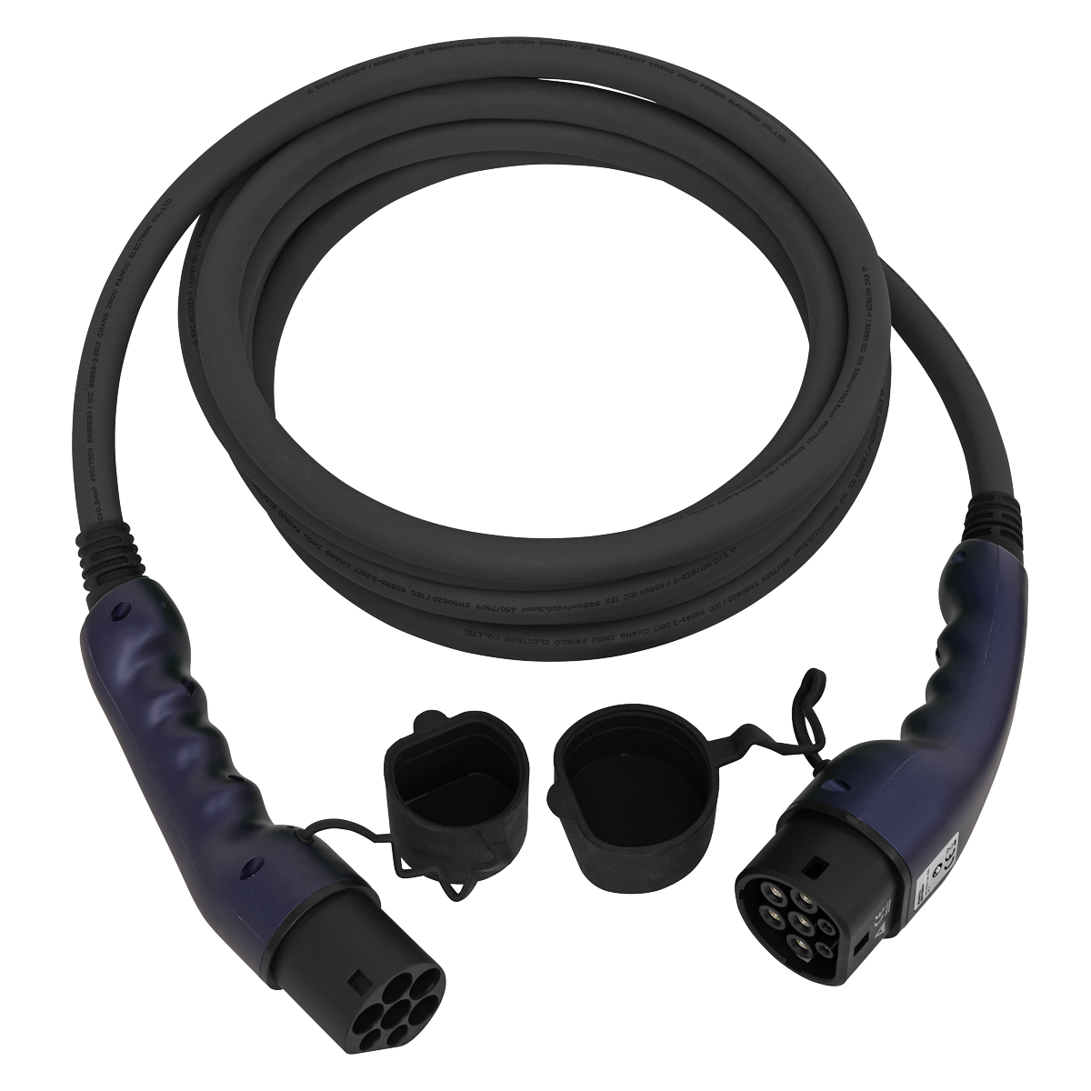 Sealey's EV Charging Cable Type 2 to Type 2 32A 3PH 5m - EVCC22323 is a coiled Mode-3 electric vehicle charging cable with an IP54 rating, featuring two connectors each equipped with protective caps.